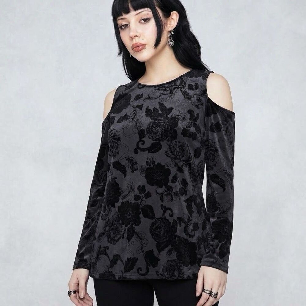Bobeau Blouse 1X Black Velvet Floral Cold Shoulder Burnout Top Whimsigoth Witchy